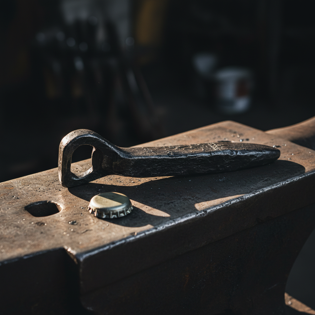 Hand-forged railroad spike bottle opener on weathered anvil surface with dramatic forge-glow lighting