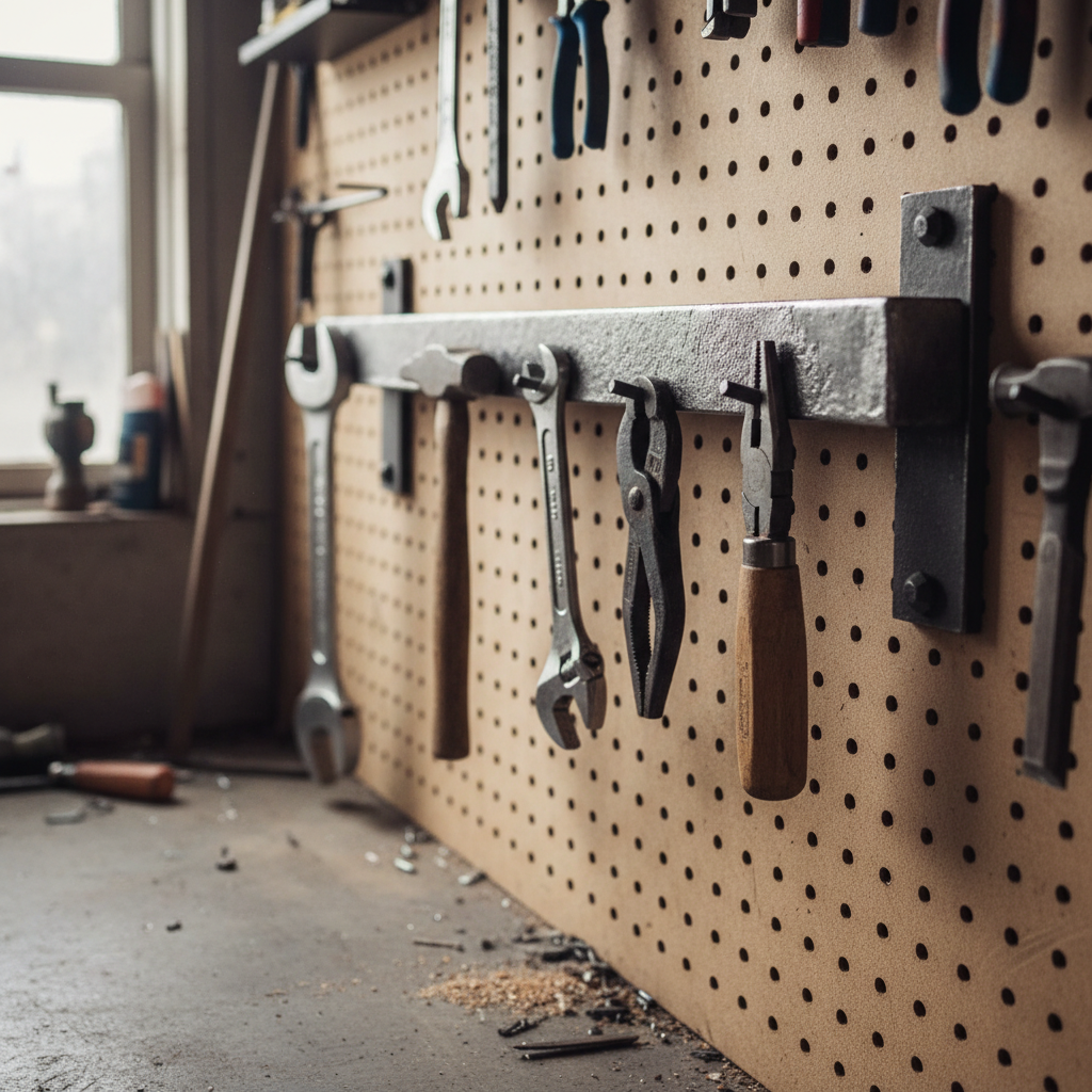 Raw steel magnetic tool bar mounted on workshop pegboard wall holding wrenches, hammer, pliers and chisel