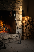 Hand-forged iron fire poker leaning against stone fireplace with oak logs and glowing embers, warm fire light from right