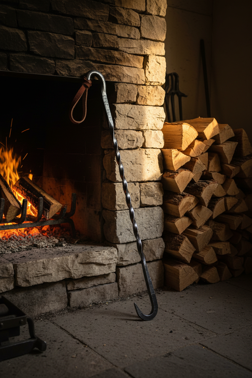 Hand-forged iron fire poker leaning against stone fireplace with oak logs and glowing embers, warm fire light from right