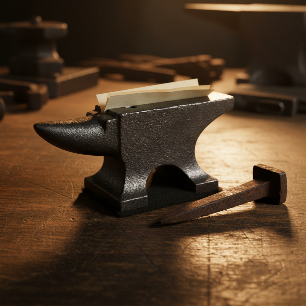 Small cast iron anvil paperweight on worn oak desk with railroad spike beside, warm forge-glow side lighting