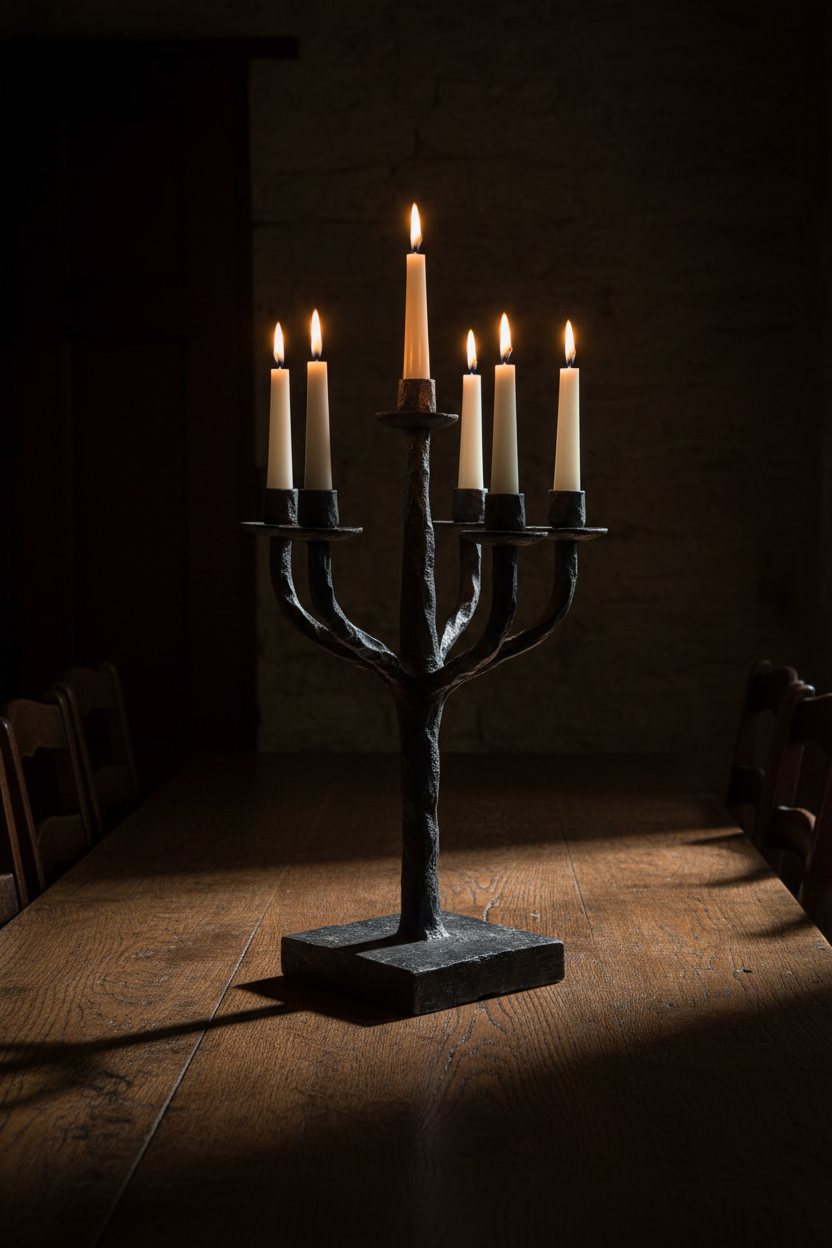 Five-arm hand-forged iron candelabra with twisted arms on dark oak dining table with five lit taper candles, dramatic side lighting