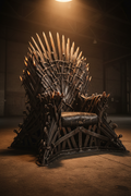 Massive hand-forged iron throne of welded steel blades in dimly lit industrial loft, dramatic overhead light, ember-orange glow on blade tips, low-angle three-quarter view