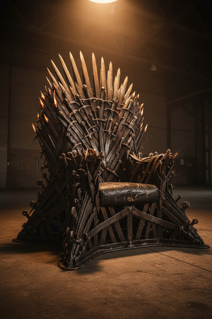 Massive hand-forged iron throne of welded steel blades in dimly lit industrial loft, dramatic overhead light, ember-orange glow on blade tips, low-angle three-quarter view