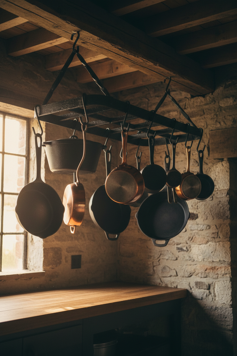 Heavy forged iron rectangular pot rack hanging from beamed kitchen ceiling with cast iron pots on S-hooks, warm window light from left