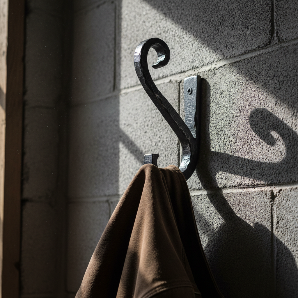 Hand-forged iron coat hook mounted on cinderblock wall with canvas work jacket hanging, dramatic workshop side lighting