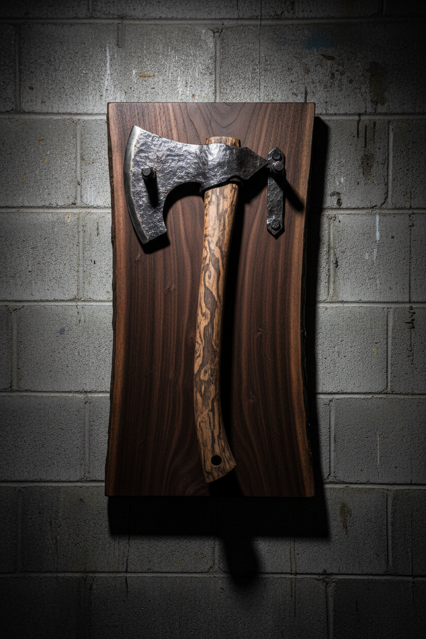 Hand-forged Viking-style axe on black walnut plaque mounted on cinderblock wall, dramatic side lighting on hammer-textured axe head