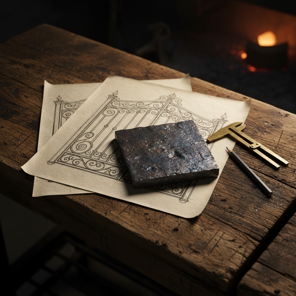 Blacksmith workbench with hand-drawn iron gate sketches, forged steel sample, calipers and pencil, warm forge light from right, top-down angle