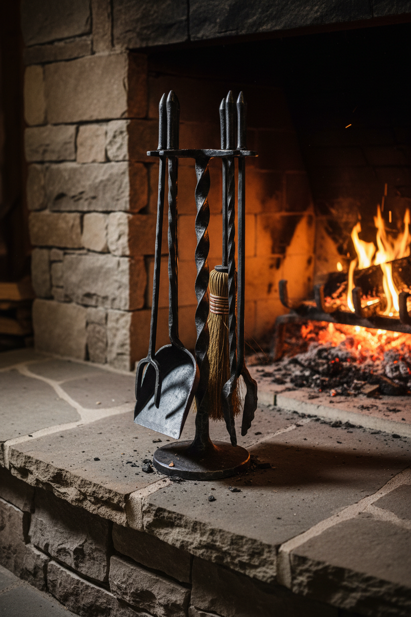 Five-piece forged iron fireplace tool set on stone hearth in front of glowing fireplace, warm fire light from right, deep shadow left