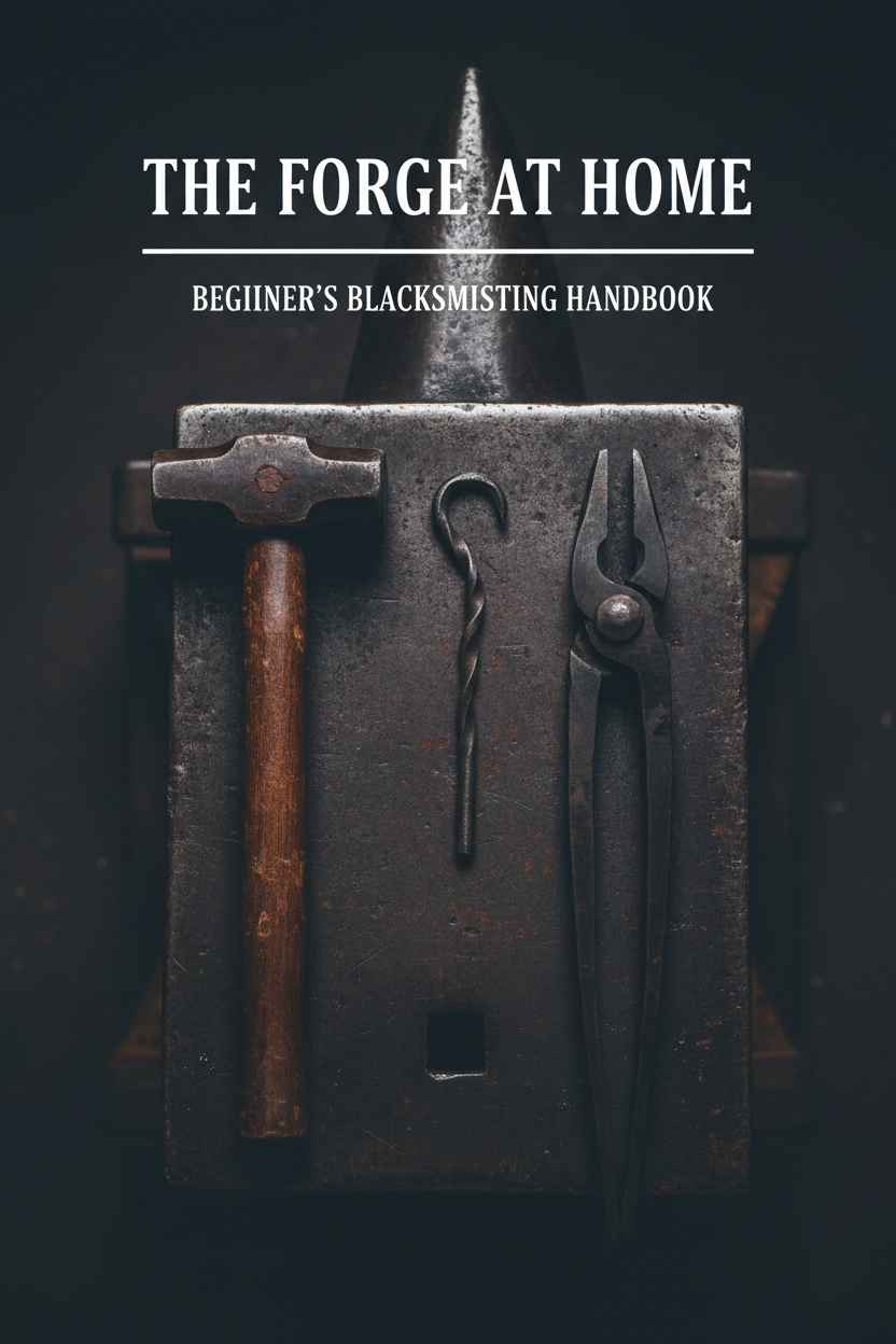 Flat lay of blacksmithing tools on iron surface